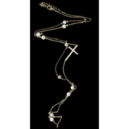 Elegant Glam Gold Tone Cross Station Necklace With Faceted Gems And Rhinestones
