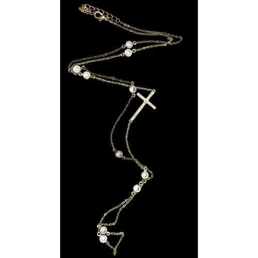 Elegant Glam Gold Tone Cross Station Necklace With Faceted Gems And Rhinestones