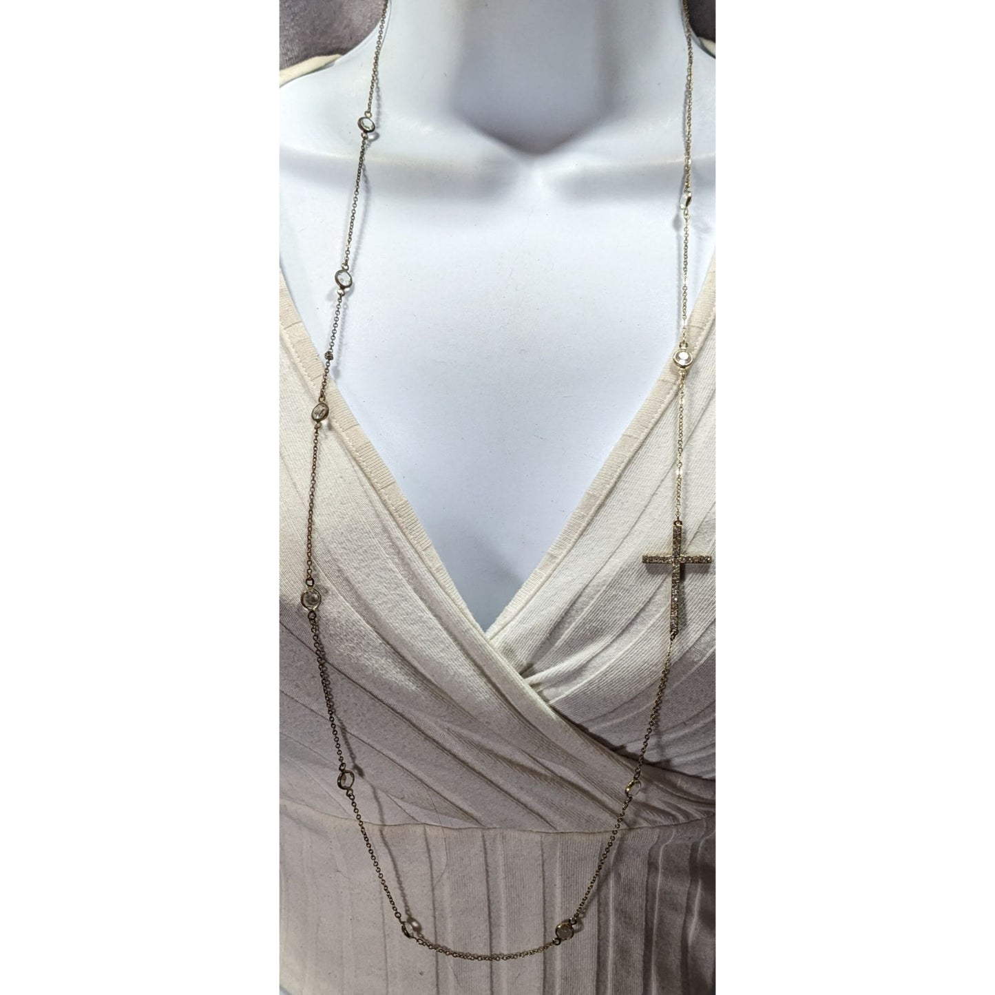 Elegant Glam Gold Tone Cross Station Necklace With Faceted Gems And Rhinestones