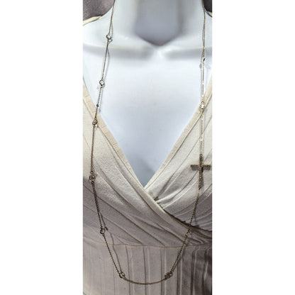 Elegant Glam Gold Tone Cross Station Necklace With Faceted Gems And Rhinestones