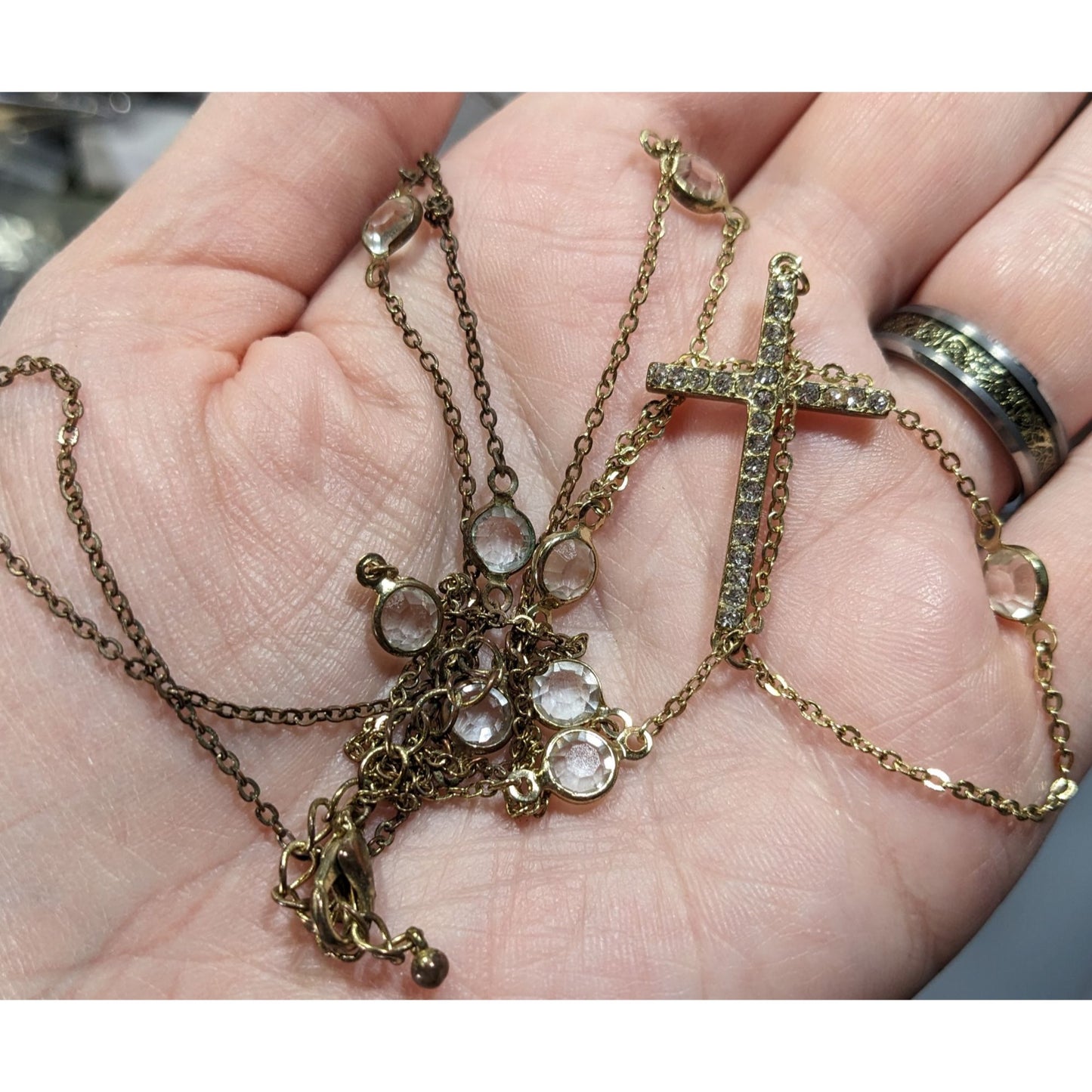 Elegant Glam Gold Tone Cross Station Necklace With Faceted Gems And Rhinestones