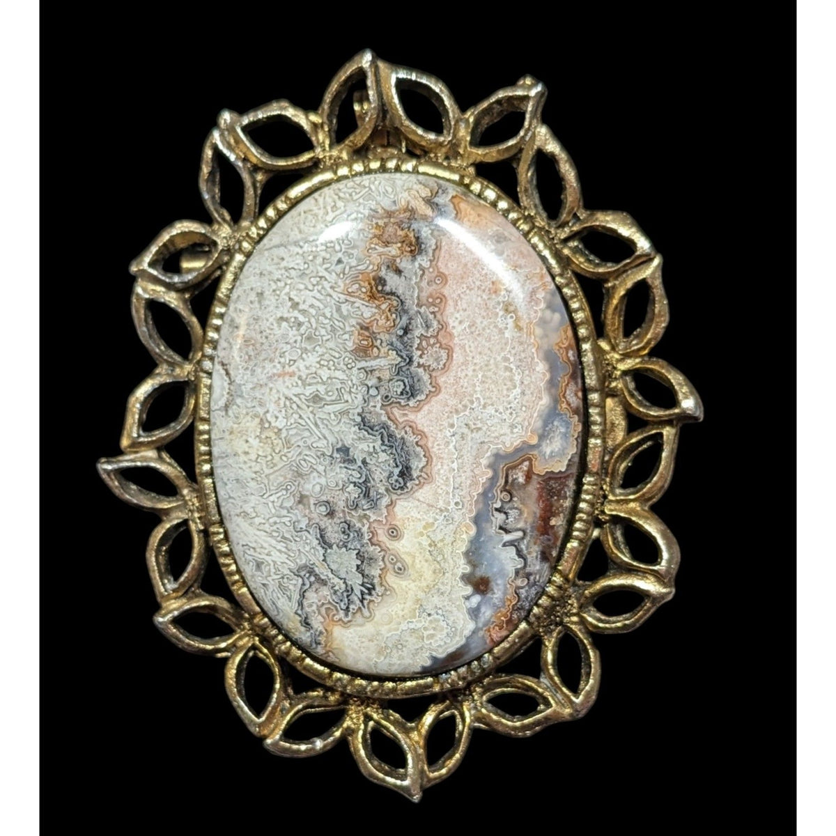 Vintage Victorian Gothic Crazy Lace Agate Gold Tone Oval Brooch Pendant 2 1/4