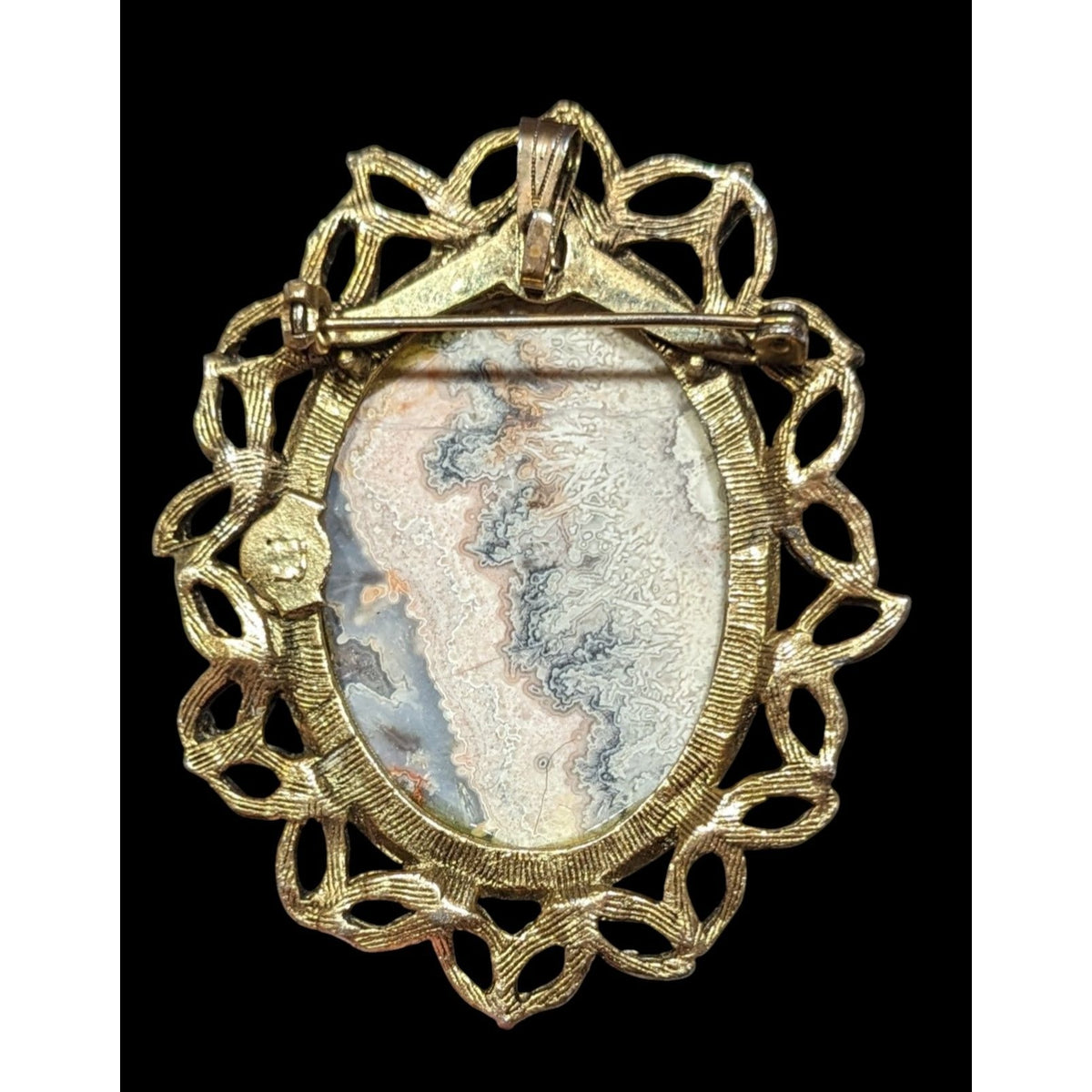 Vintage Victorian Gothic Crazy Lace Agate Gold Tone Oval Brooch Pendant 2 1/4
