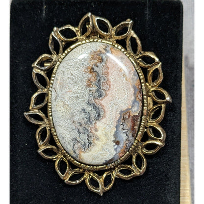 Vintage Victorian Gothic Crazy Lace Agate Gold Tone Oval Brooch Pendant 2 1/4