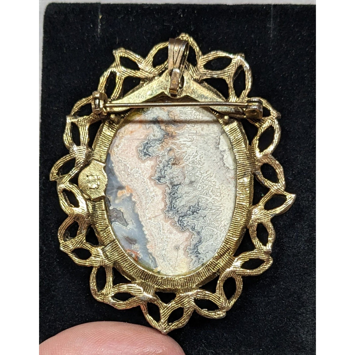 Vintage Victorian Gothic Crazy Lace Agate Gold Tone Oval Brooch Pendant 2 1/4