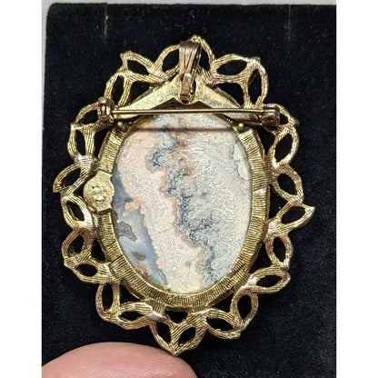 Vintage Victorian Gothic Crazy Lace Agate Gold Tone Oval Brooch Pendant 2 1/4