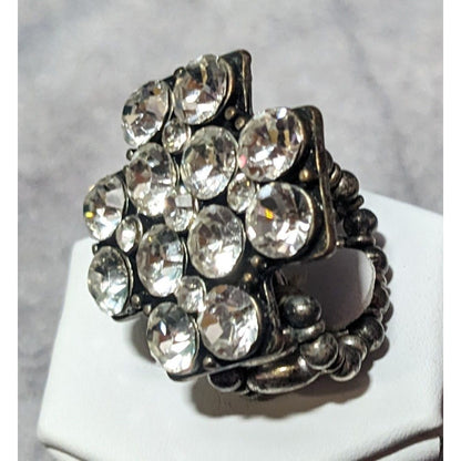 Glam Goth Silver Tone Rhinestone Cross Stretch Ring Size 6 1/2