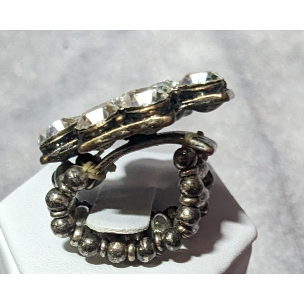 Glam Goth Silver Tone Rhinestone Cross Stretch Ring Size 6 1/2