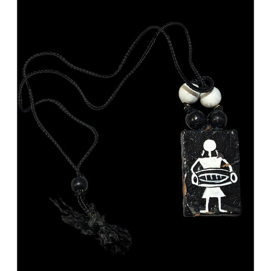 Vintage Terra Cotta Black And White Primitive Person Pendant Necklace