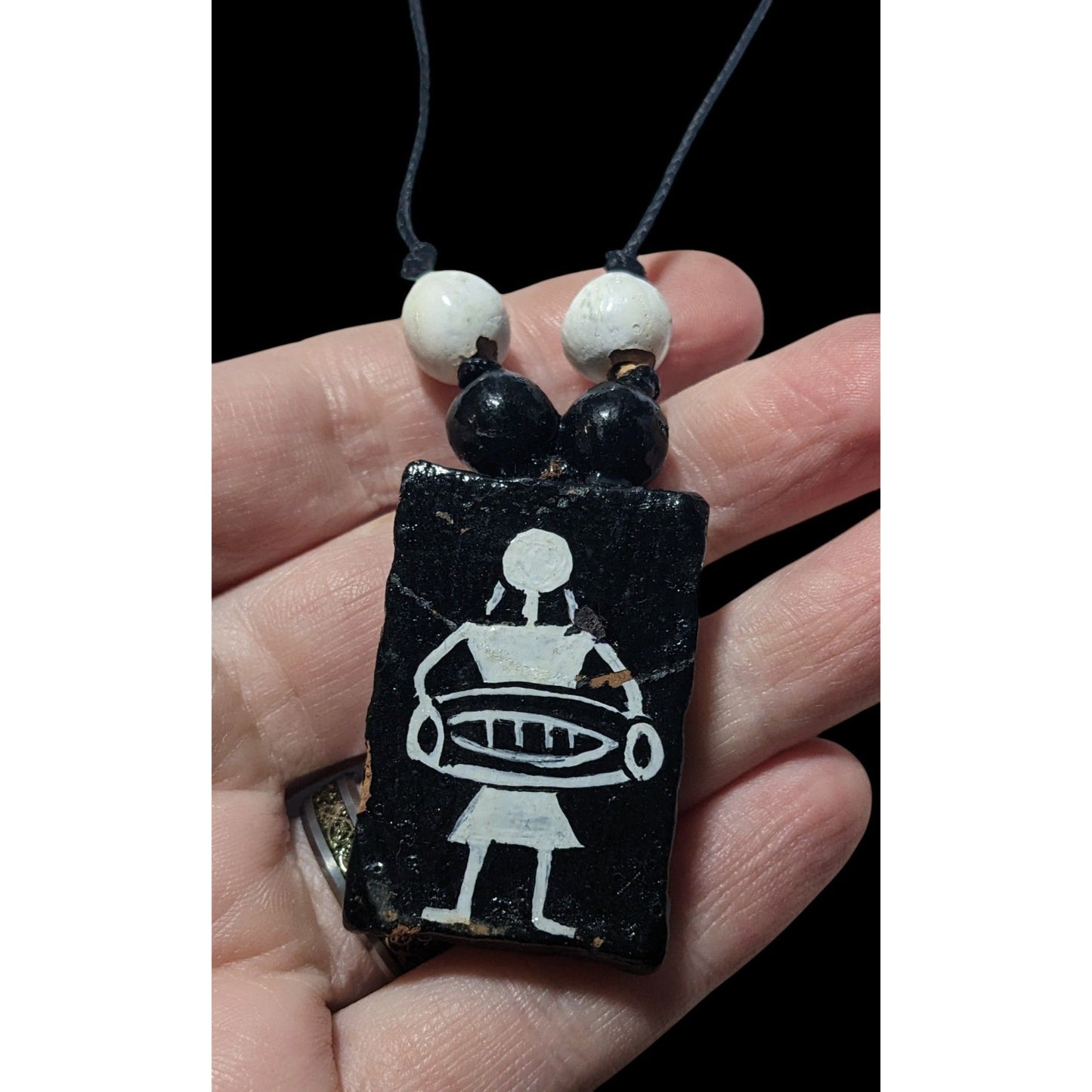 Vintage Terra Cotta Black And White Primitive Person Pendant Necklace