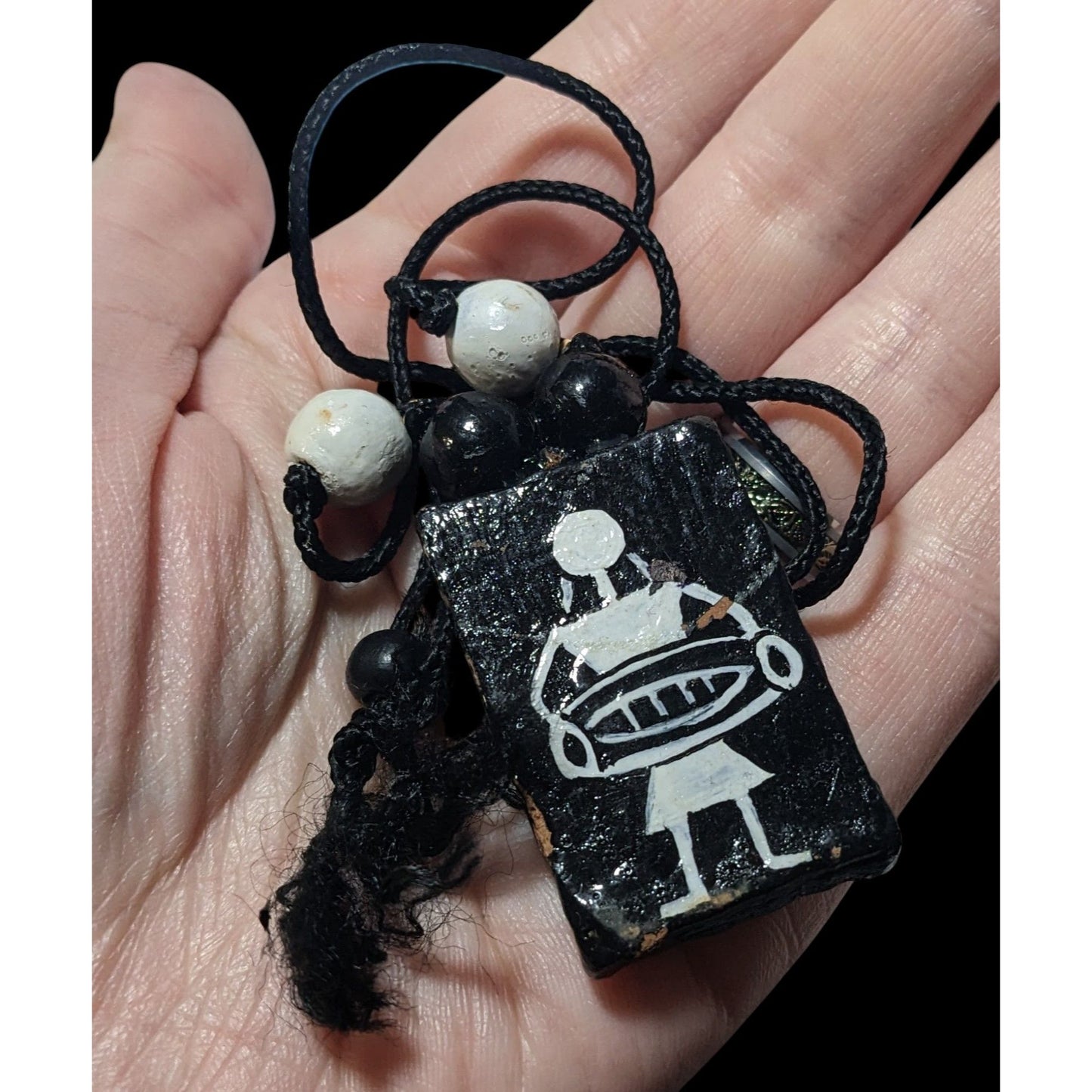 Vintage Terra Cotta Black And White Primitive Person Pendant Necklace