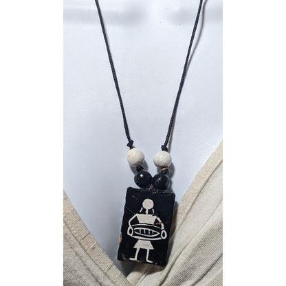 Vintage Terra Cotta Black And White Primitive Person Pendant Necklace