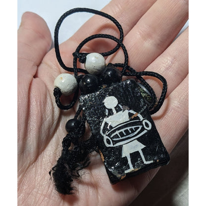 Vintage Terra Cotta Black And White Primitive Person Pendant Necklace