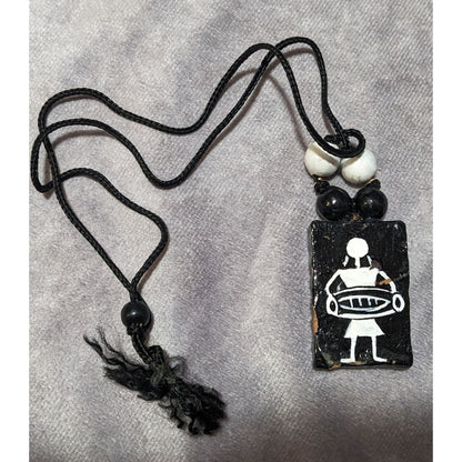 Vintage Terra Cotta Black And White Primitive Person Pendant Necklace