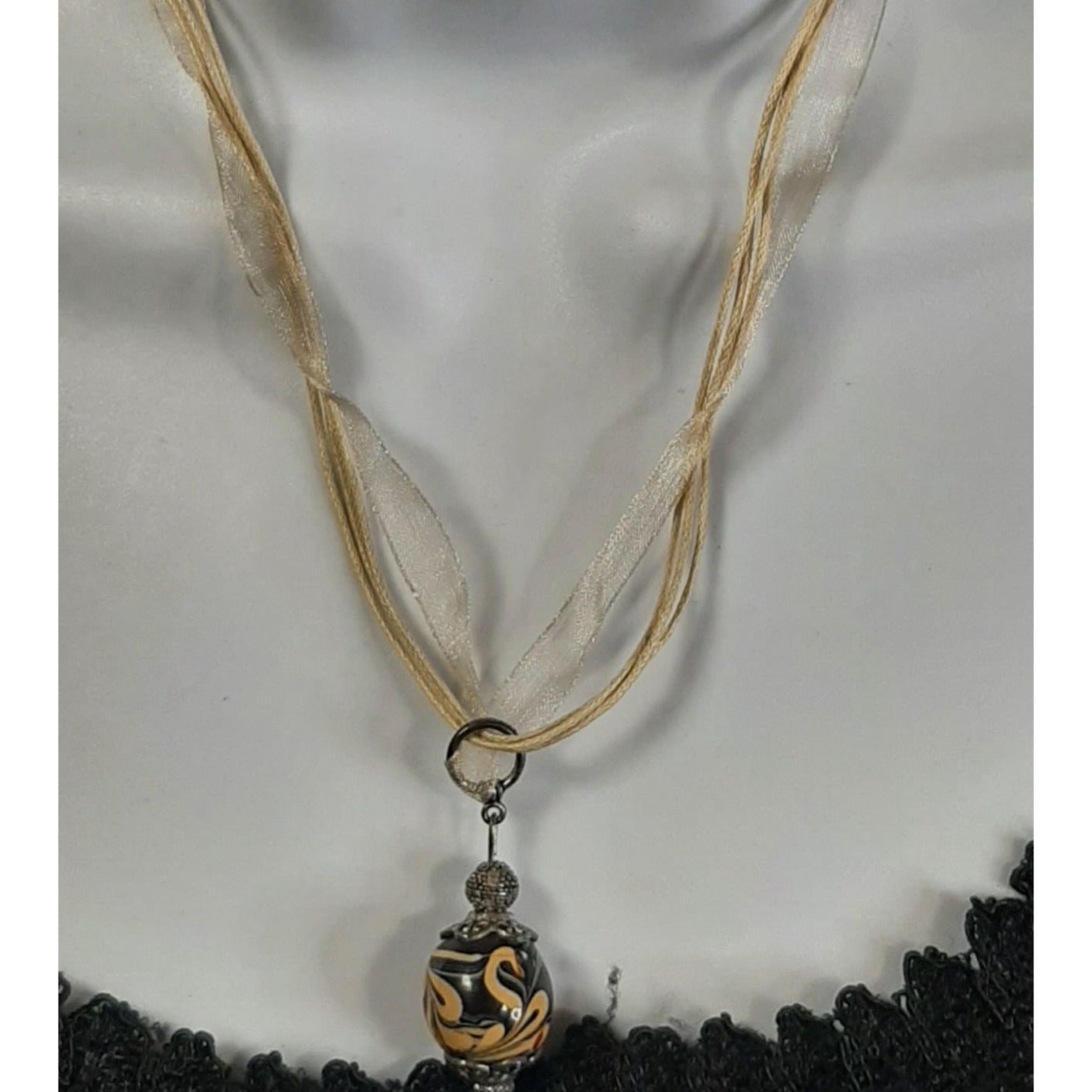 Hand-Painted Glass Pendant Necklace With Sheer Ribbon And Cord Adjustable