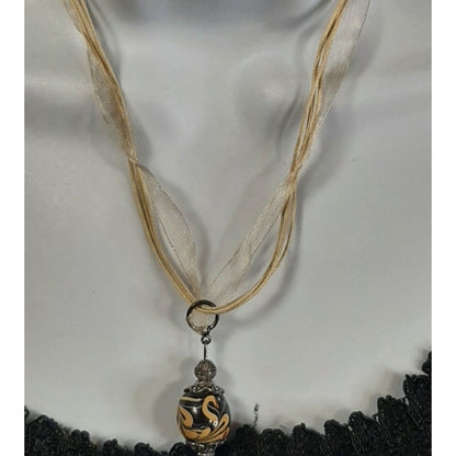 Hand-Painted Glass Pendant Necklace With Sheer Ribbon And Cord Adjustable