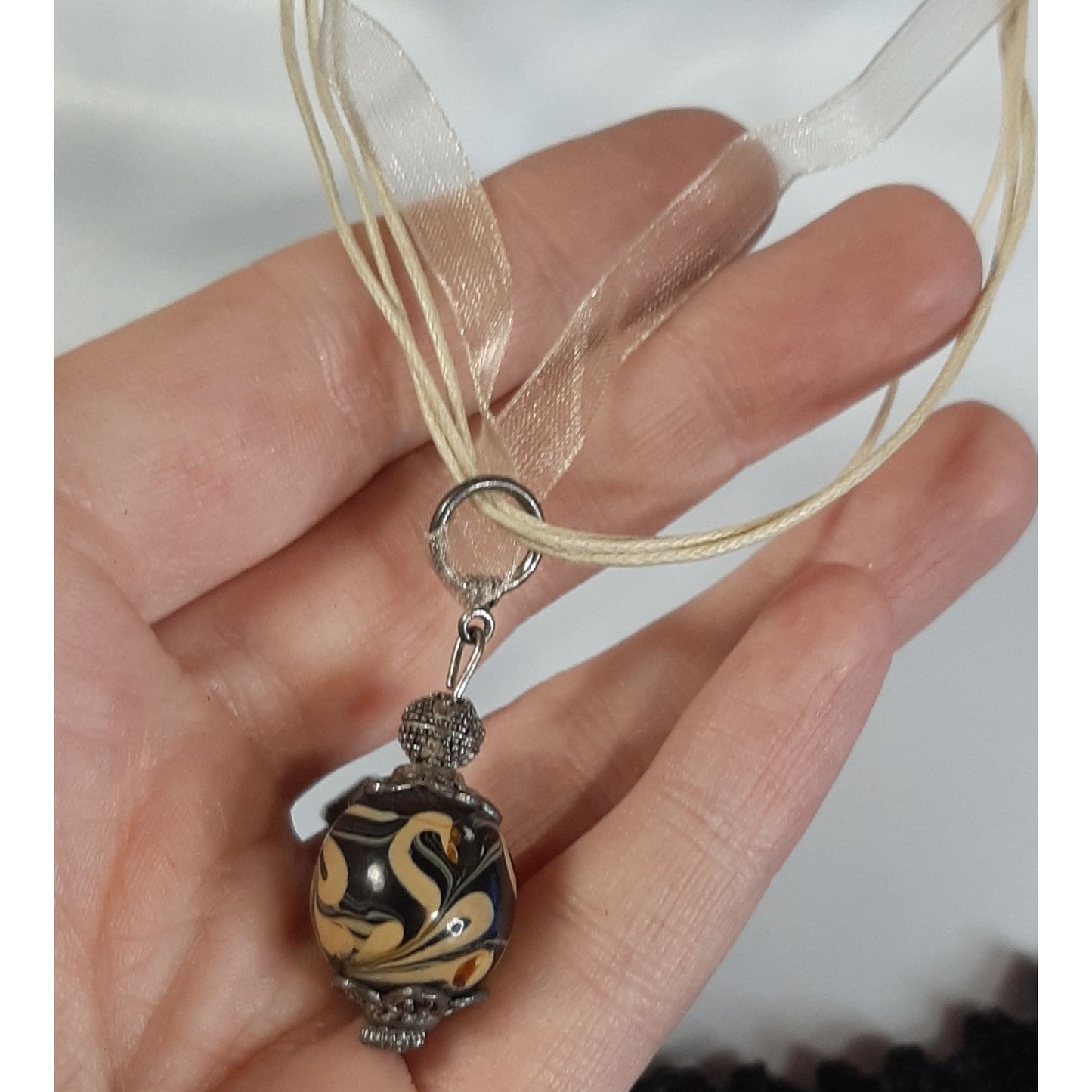 Hand-Painted Glass Pendant Necklace With Sheer Ribbon And Cord Adjustable