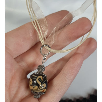 Hand-Painted Glass Pendant Necklace With Sheer Ribbon And Cord Adjustable