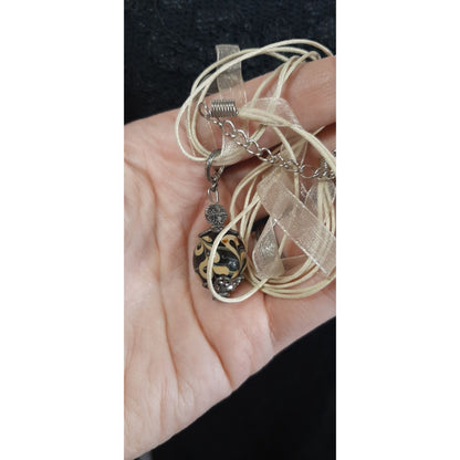 Hand-Painted Glass Pendant Necklace With Sheer Ribbon And Cord Adjustable