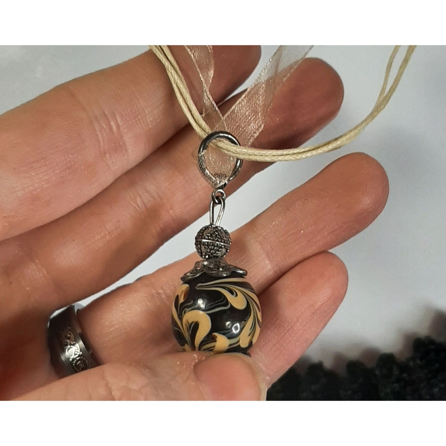 Hand-Painted Glass Pendant Necklace With Sheer Ribbon And Cord Adjustable