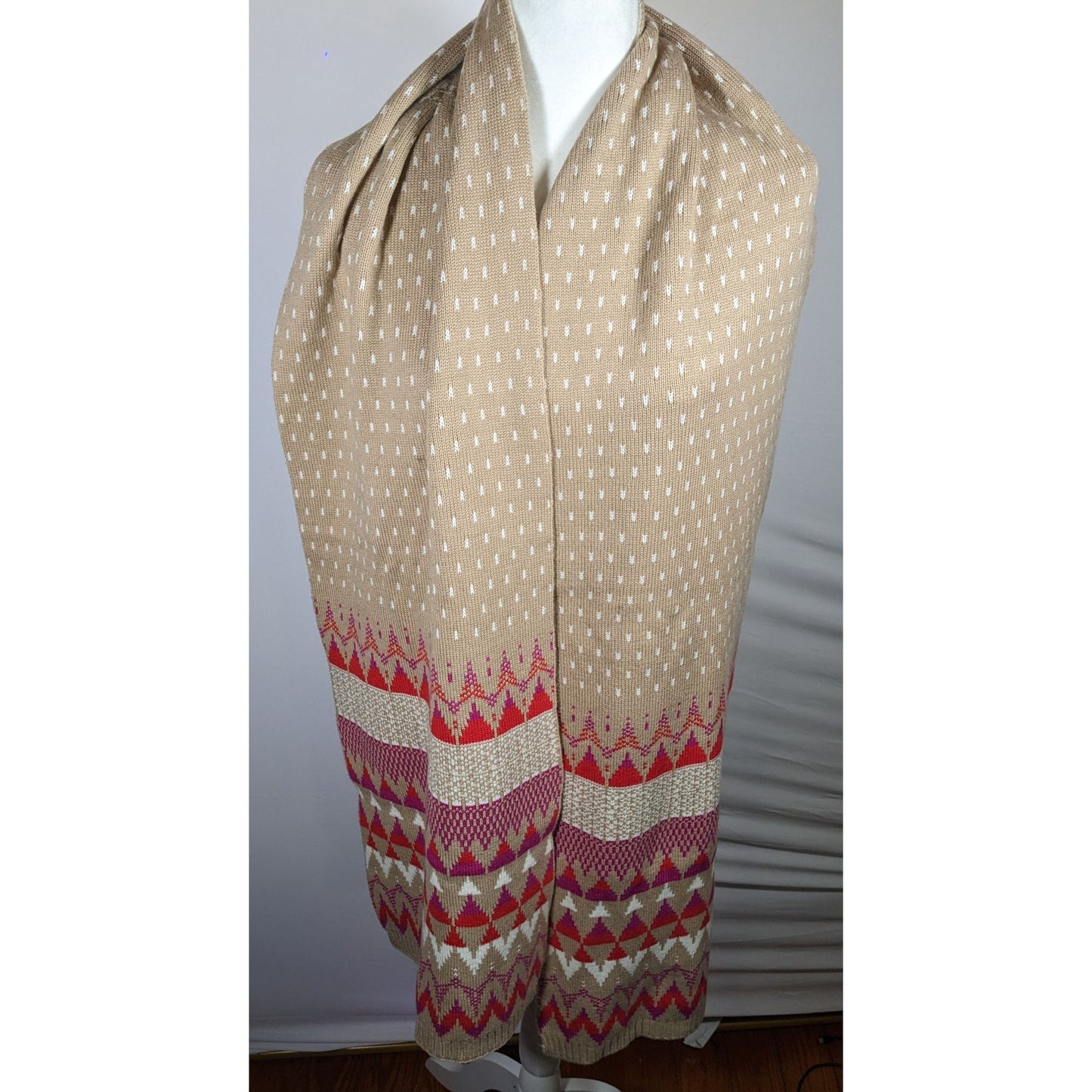 Classic Fair Isle Tan And Pink Heavy Winter Scarf