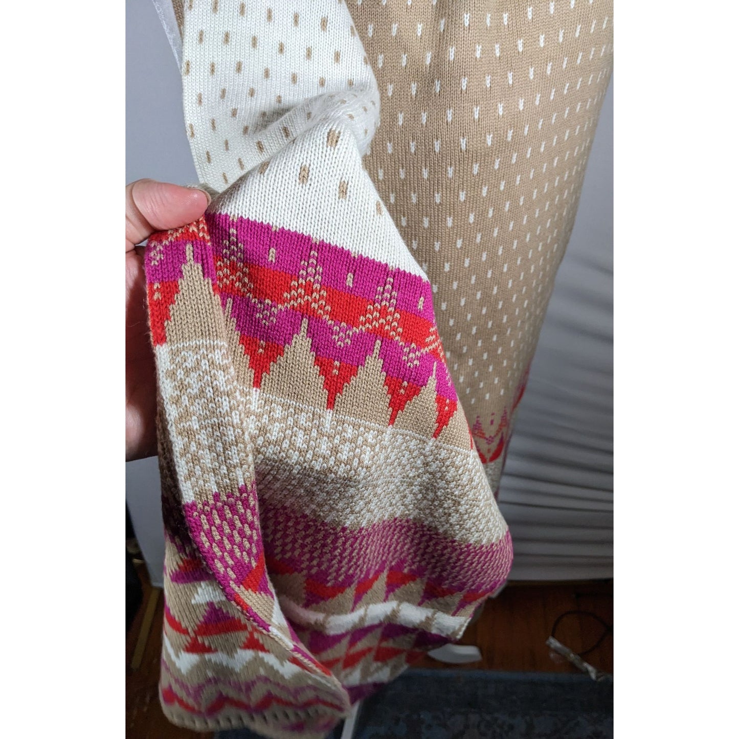 Classic Fair Isle Tan And Pink Heavy Winter Scarf