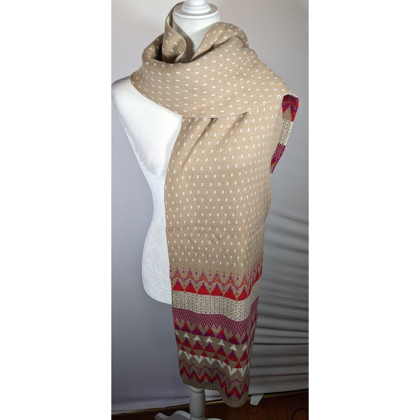 Classic Fair Isle Tan And Pink Heavy Winter Scarf