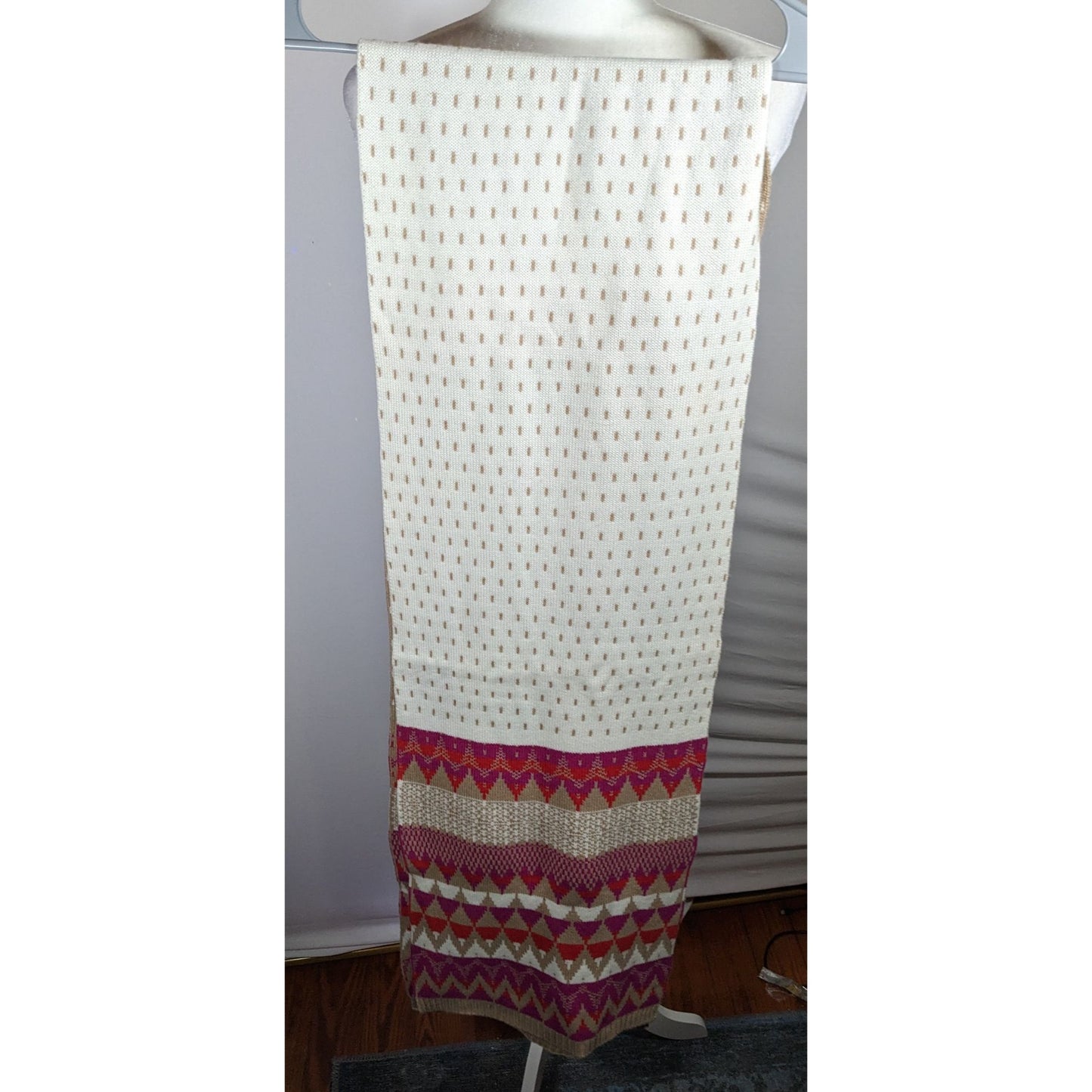 Classic Fair Isle Tan And Pink Heavy Winter Scarf
