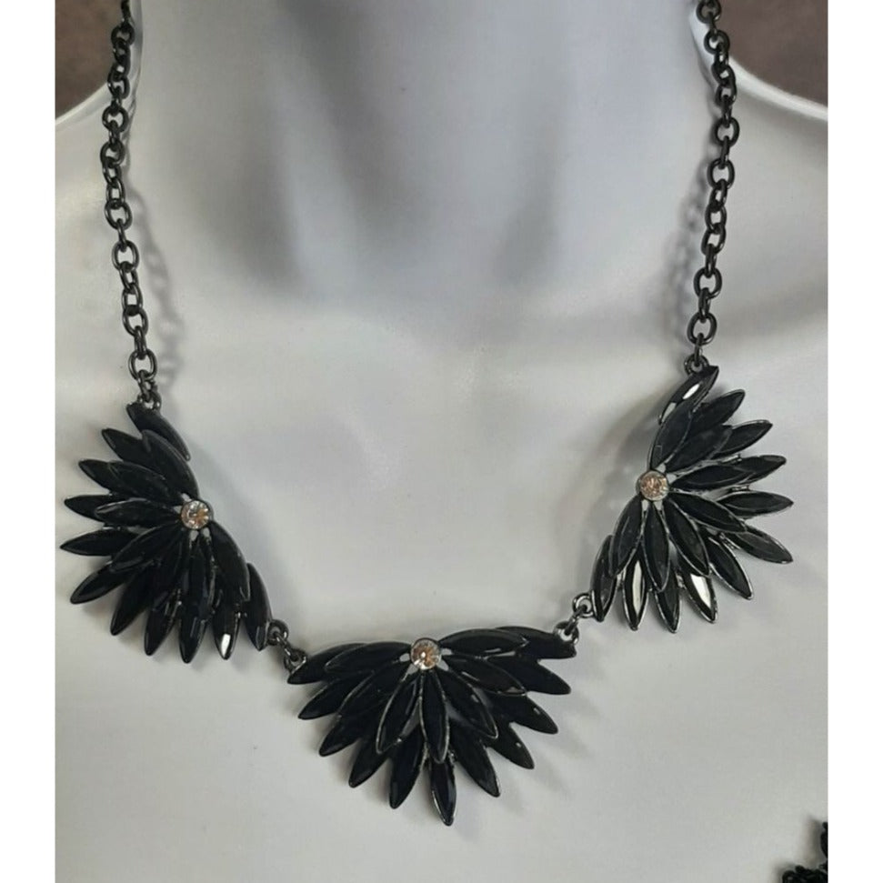 Glam Goth Black Wing-Shaped Rhinestone Statement Necklace