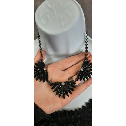 Glam Goth Black Wing-Shaped Rhinestone Statement Necklace