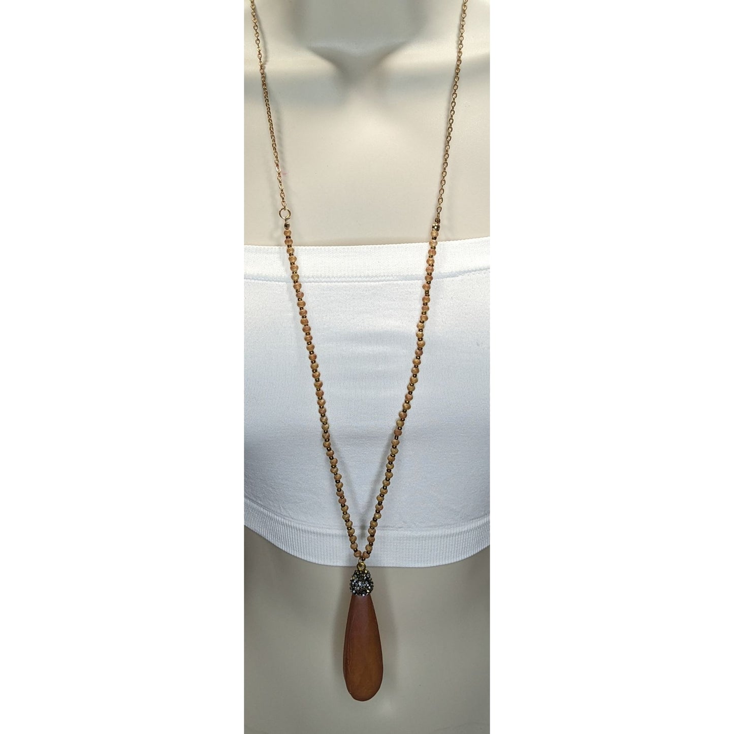 Vintage Frosted Glass Teardrop Pendant Necklace Boho Long Statement Jewelry