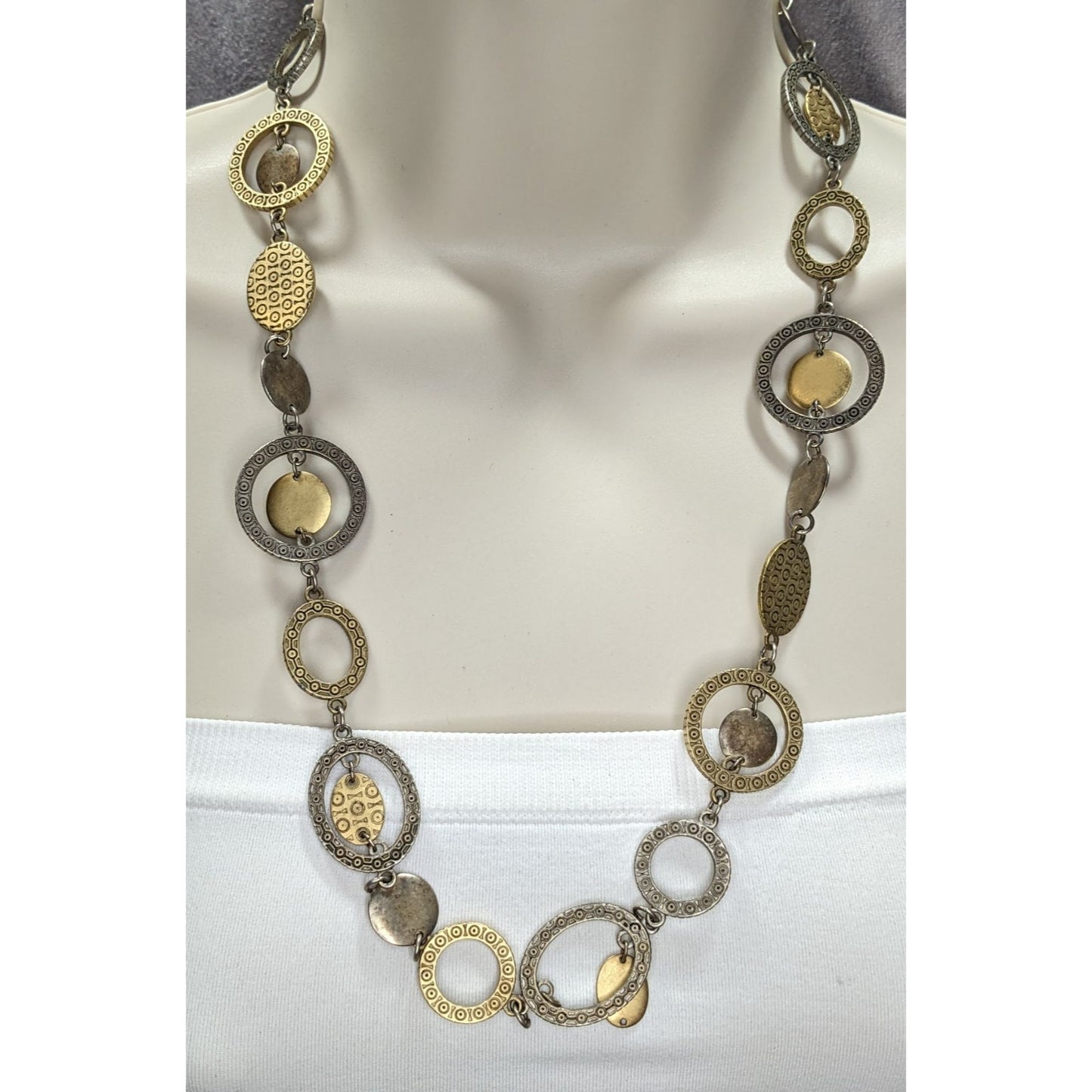Vintage Premier Designs Engraved Link Necklace Gold Silver Tone Brutalist Statement