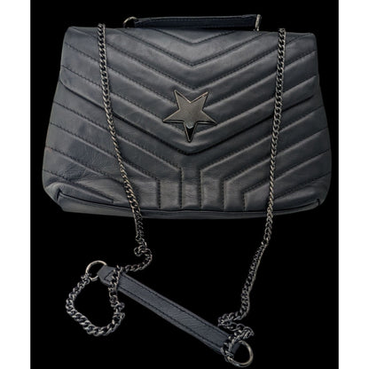 Anna Kay Fashions Black Italian Leather Quilted Shoulder Bag With Star Accent & Chain Strap 11"x7"x3.5"