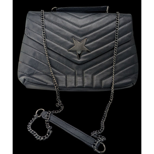 Anna Kay Fashions Black Italian Leather Quilted Shoulder Bag With Star Accent & Chain Strap 11"x7"x3.5"