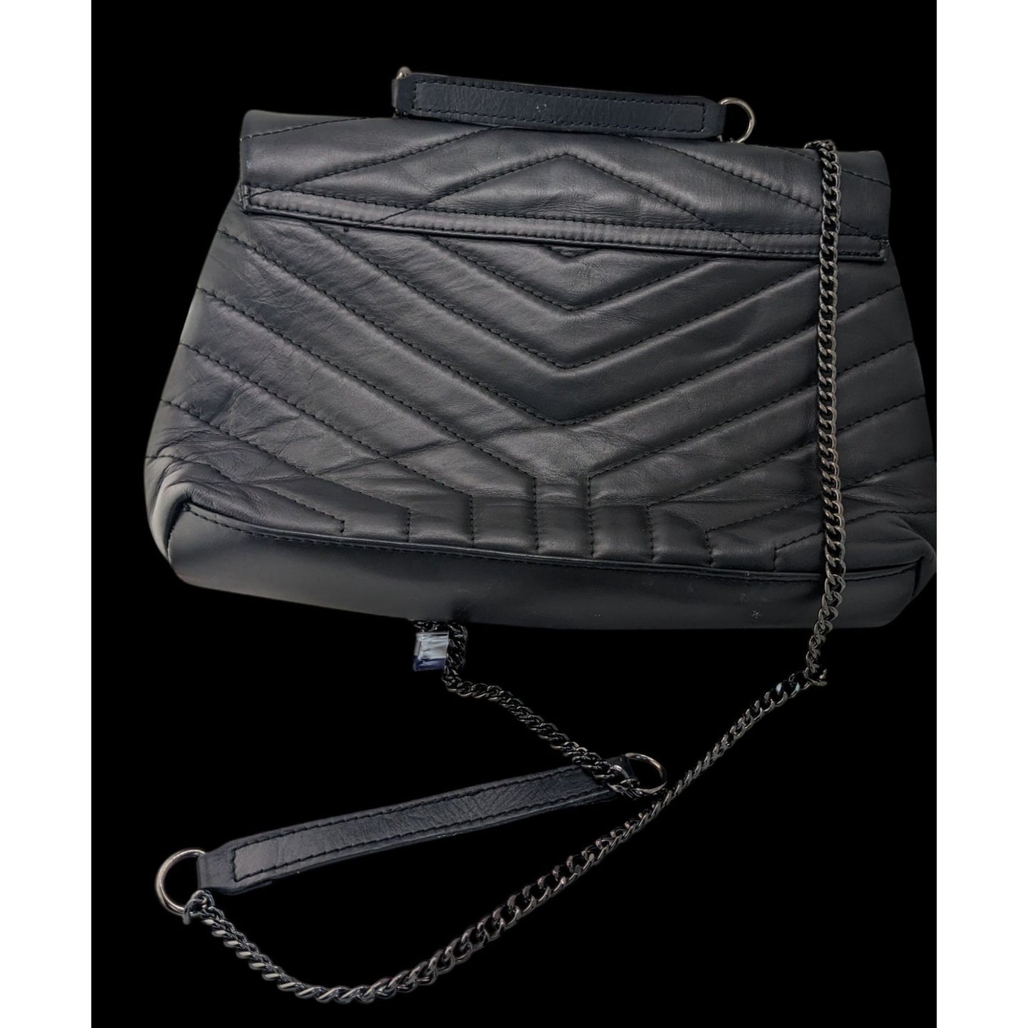 Anna Kay Fashions Black Italian Leather Quilted Shoulder Bag With Star Accent & Chain Strap 11"x7"x3.5"