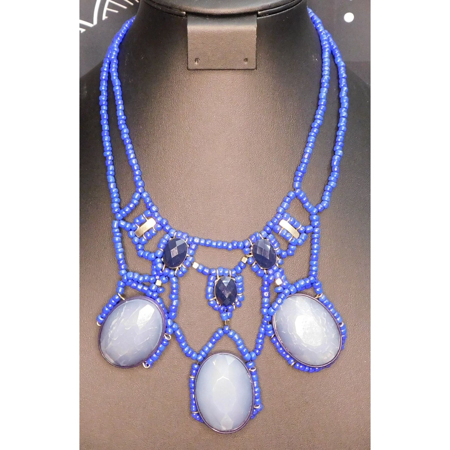 Blue Beaded Cabochon Statement Necklace