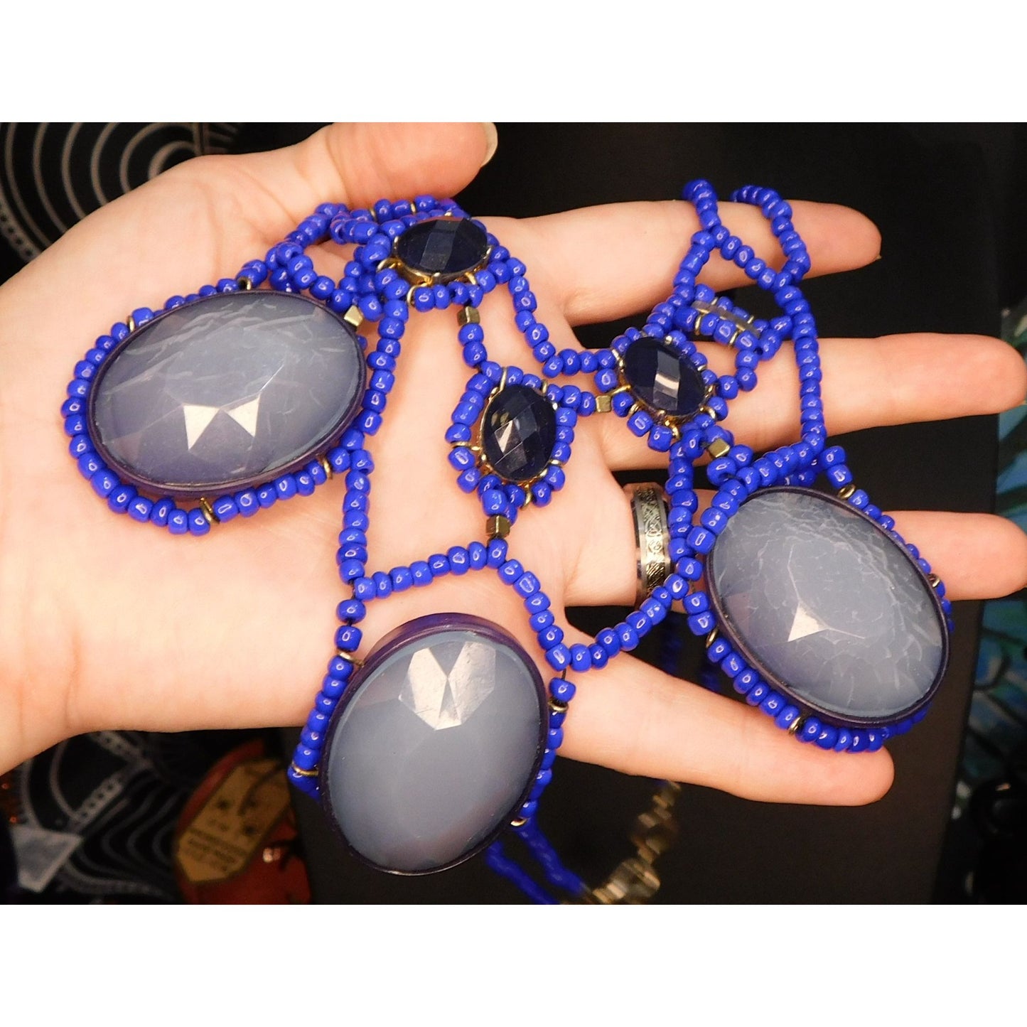 Blue Beaded Cabochon Statement Necklace