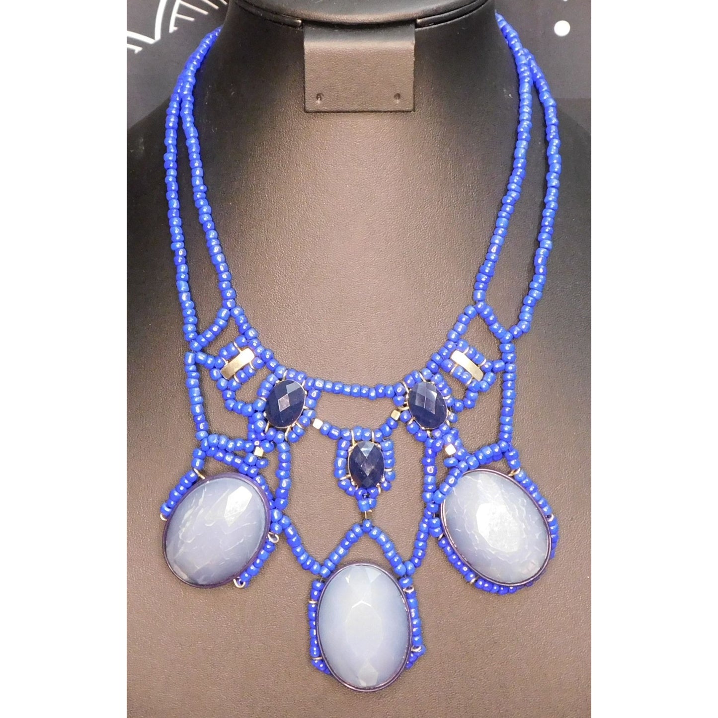 Blue Beaded Cabochon Statement Necklace