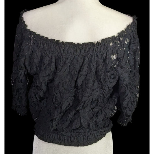 Vintage Gothic Witchy John Paul Richard Black Lace Off-Shoulder Top Swirl Pattern