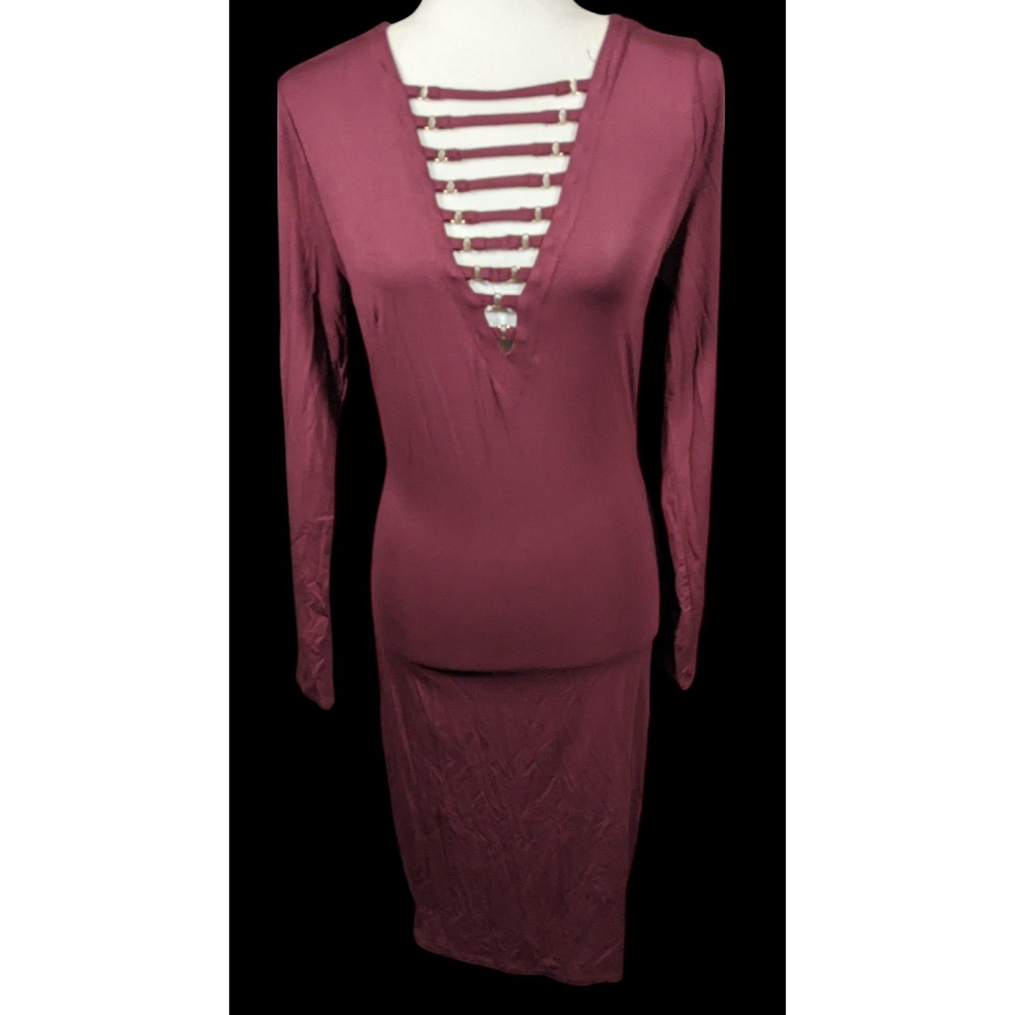 Bebe Burgundy Plunge Neck Long Sleeve Midi Dress Size Medium