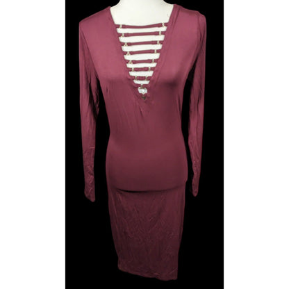 Bebe Burgundy Plunge Neck Long Sleeve Midi Dress Size Medium
