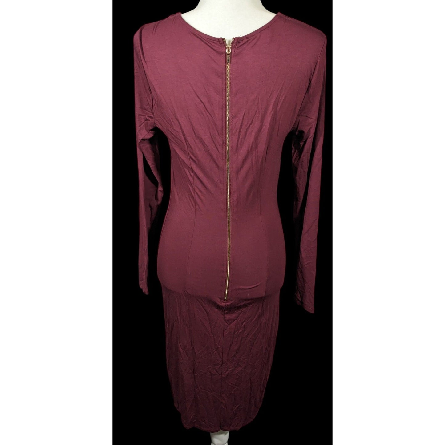 Bebe Burgundy Plunge Neck Long Sleeve Midi Dress Size Medium