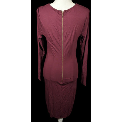 Bebe Burgundy Plunge Neck Long Sleeve Midi Dress Size Medium