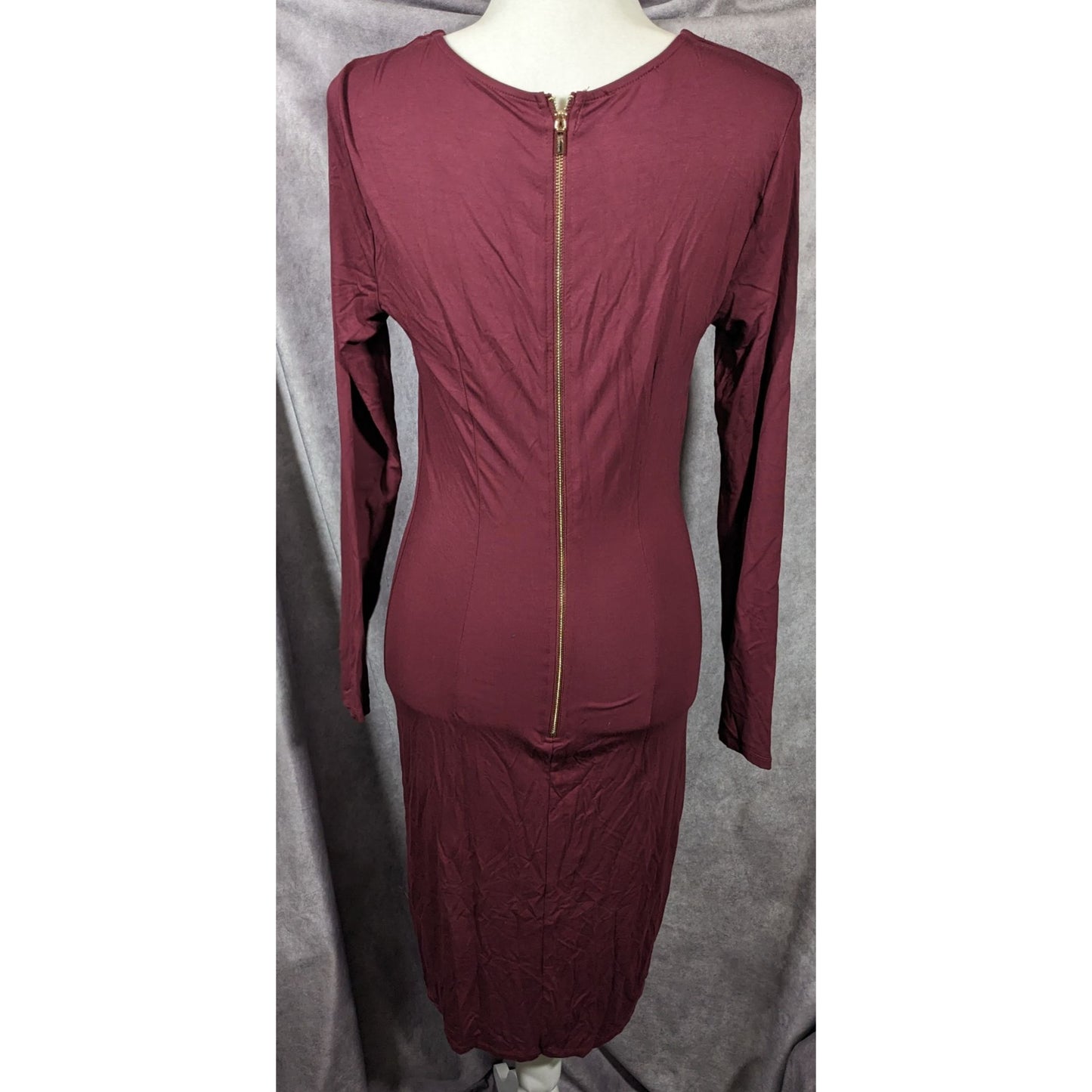 Bebe Burgundy Plunge Neck Long Sleeve Midi Dress Size Medium
