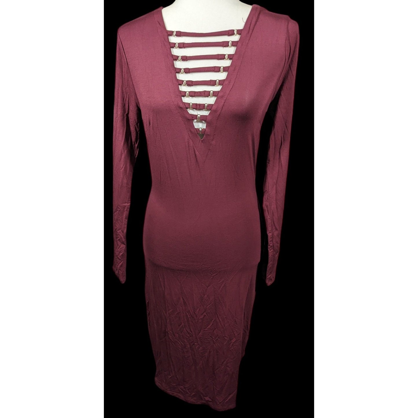 Bebe Burgundy Plunge Neck Long Sleeve Midi Dress Size Medium