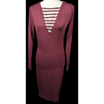 Bebe Burgundy Plunge Neck Long Sleeve Midi Dress Size Medium