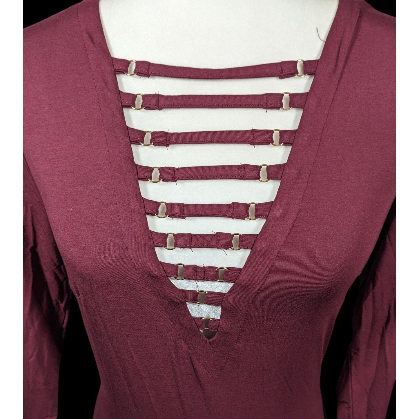 Bebe Burgundy Plunge Neck Long Sleeve Midi Dress Size Medium