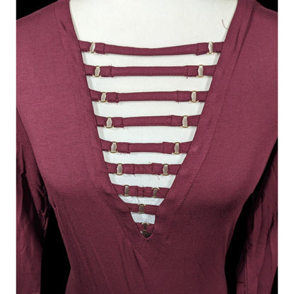 Bebe Burgundy Plunge Neck Long Sleeve Midi Dress Size Medium