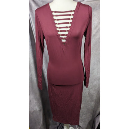 Bebe Burgundy Plunge Neck Long Sleeve Midi Dress Size Medium