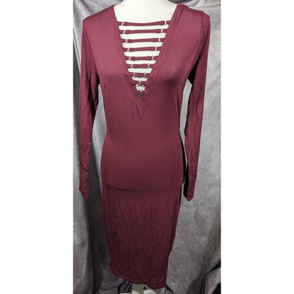Bebe Burgundy Plunge Neck Long Sleeve Midi Dress Size Medium